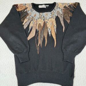 Maurada Womens Sweater Size M Black Knit Floral Lace Flames Unique Pullover Vtg